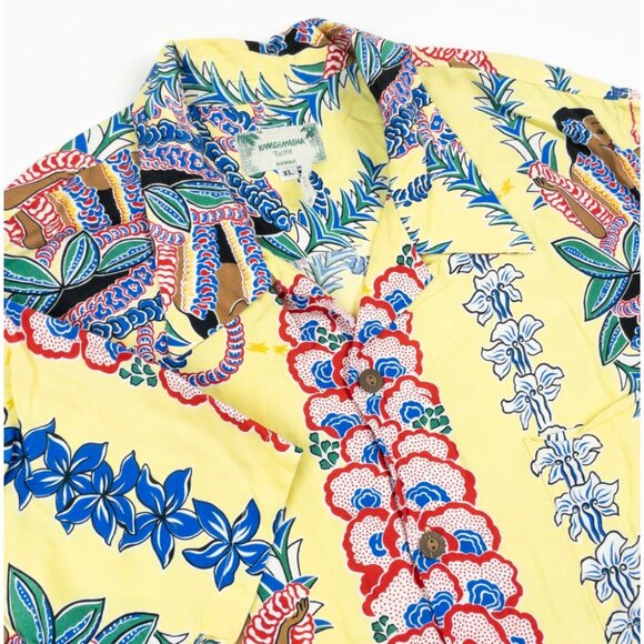 Kamehameha Hawaiian Shirt Lei Lady Mens XL Yellow Tropical Print Rayon USA Aloha - Picture 1 of 15